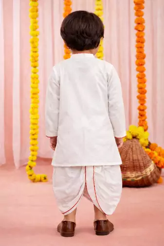 kids wear white cotton angrakha kurta dhoti set holi edition