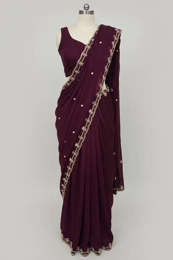 Wine Color sattin Handwork Saree