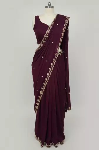 Wine Color sattin Handwork Saree