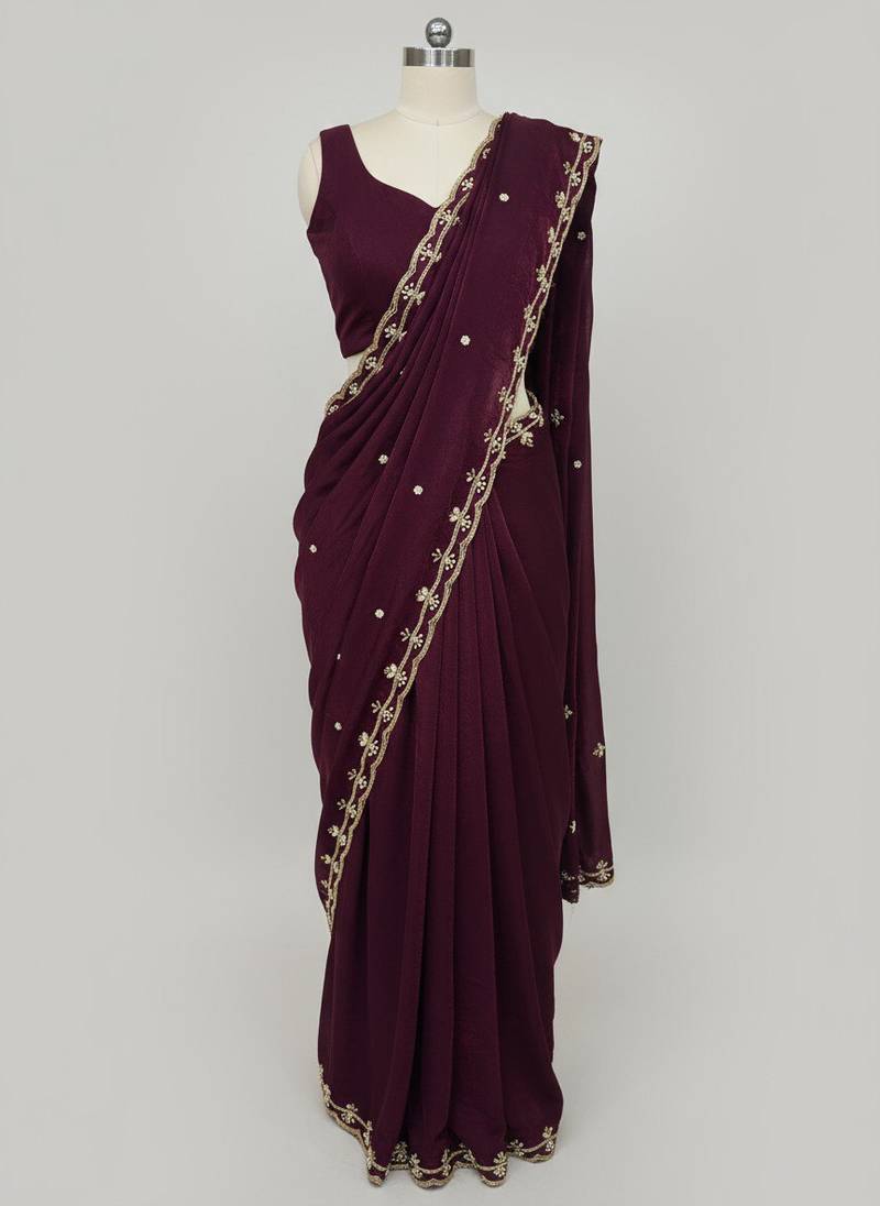 Wine Color sattin Handwork Saree