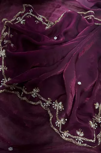 wine satin saree with aari handwork and designer pallu