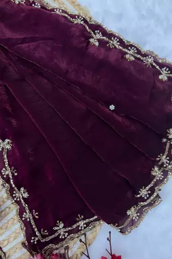 wine satin saree with aari handwork and designer pallu