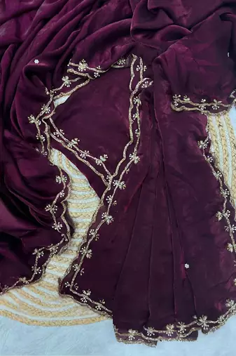 wine satin saree with aari handwork and designer pallu