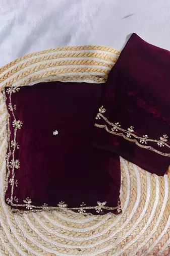 wine satin saree with aari handwork and designer pallu