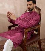Men pink silk blend printed mandarin collar straight kurta with trouser