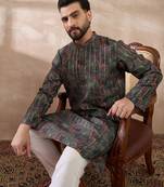 Men black silk blend printed mandarin collar straight kurta with trouser