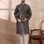 Men black silk blend printed mandarin collar straight kurta with trouser