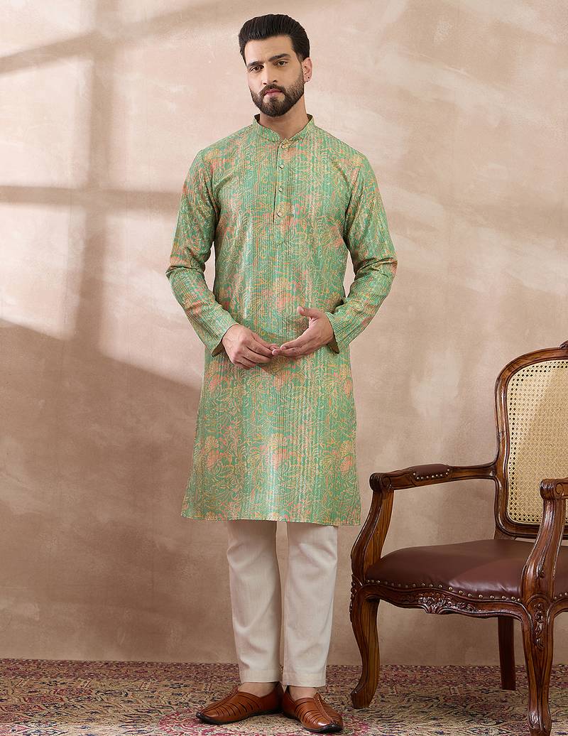 Men green silk blend printed mandarin collar straight kurta with trouser