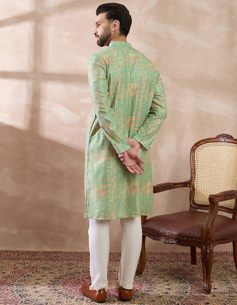 Men green silk blend printed mandarin collar straight kurta with trouser