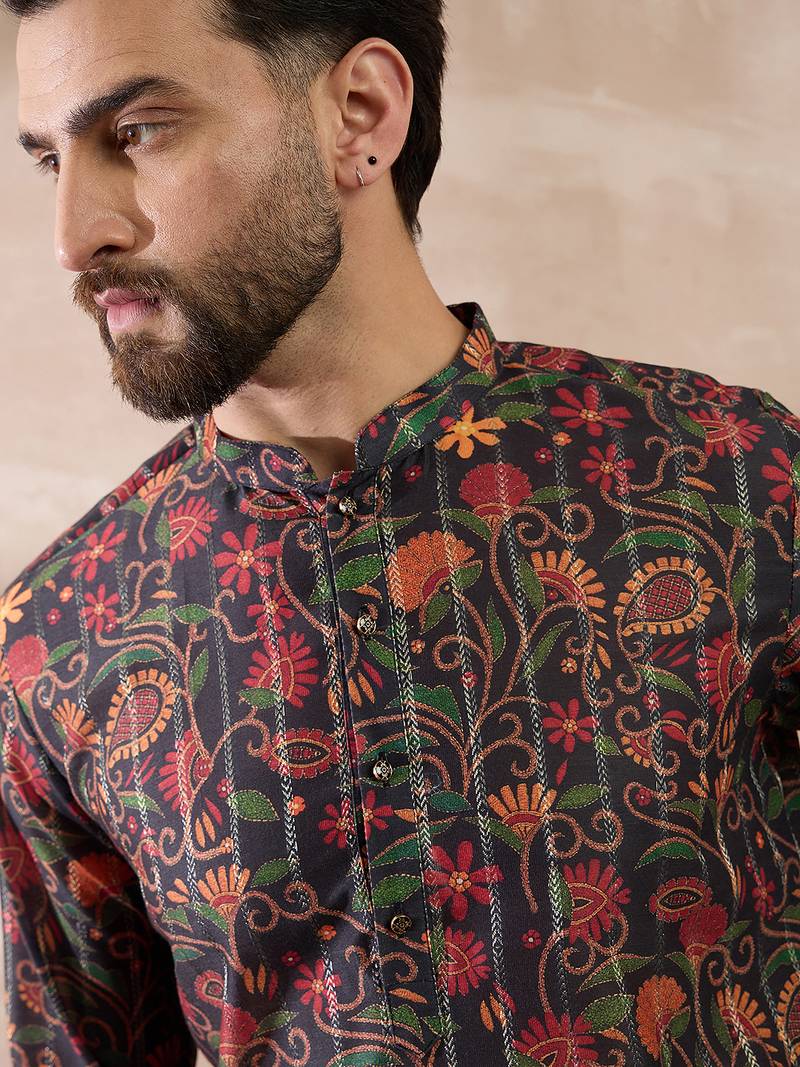 Men black silk blend embroidered mandarin collar straight kurta with trouser