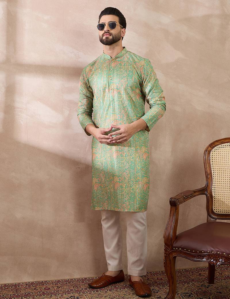 Men green silk blend printed mandarin collar straight kurta with trouser