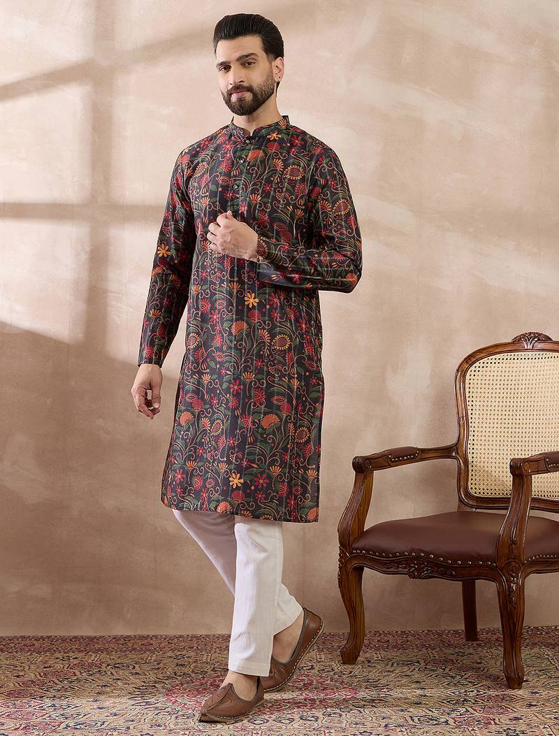 Men black silk blend embroidered mandarin collar straight kurta with trouser