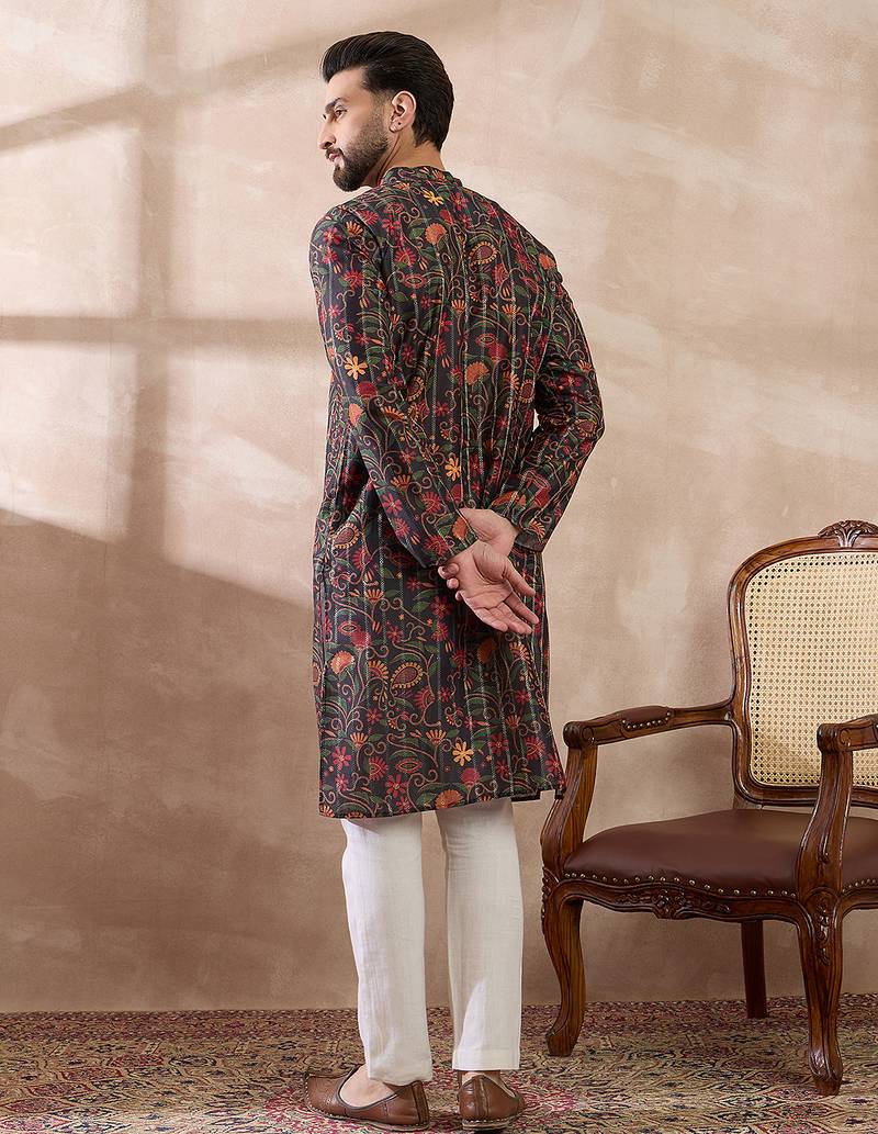 Men black silk blend embroidered mandarin collar straight kurta with trouser