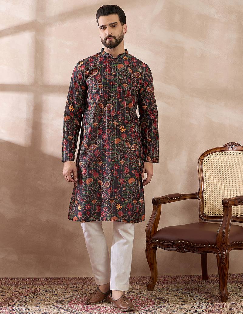 Men black silk blend embroidered mandarin collar straight kurta with trouser