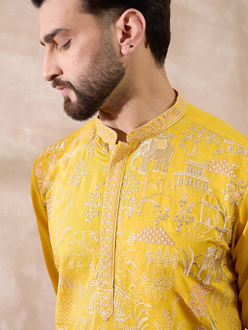 Men yellow silk blend embroidered mandarin collar straight kurta with trouser