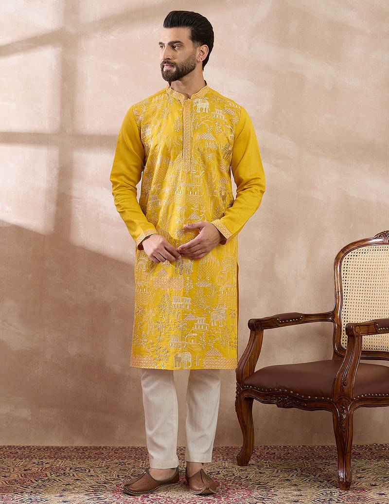 Men yellow silk blend embroidered mandarin collar straight kurta with trouser