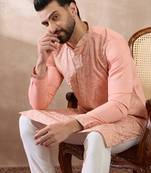 Men peach silk blend embroidered mandarin collar straight kurta with trouser