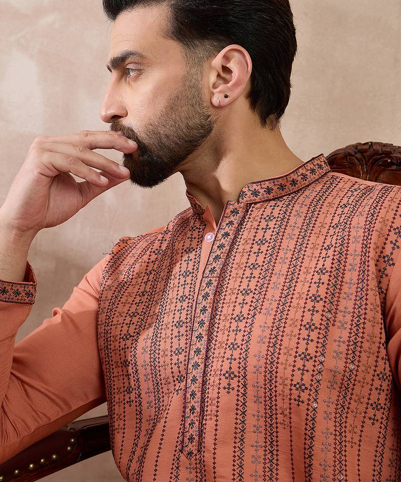 Men orange silk blend embroidered mandarin collar straight kurta with trouser