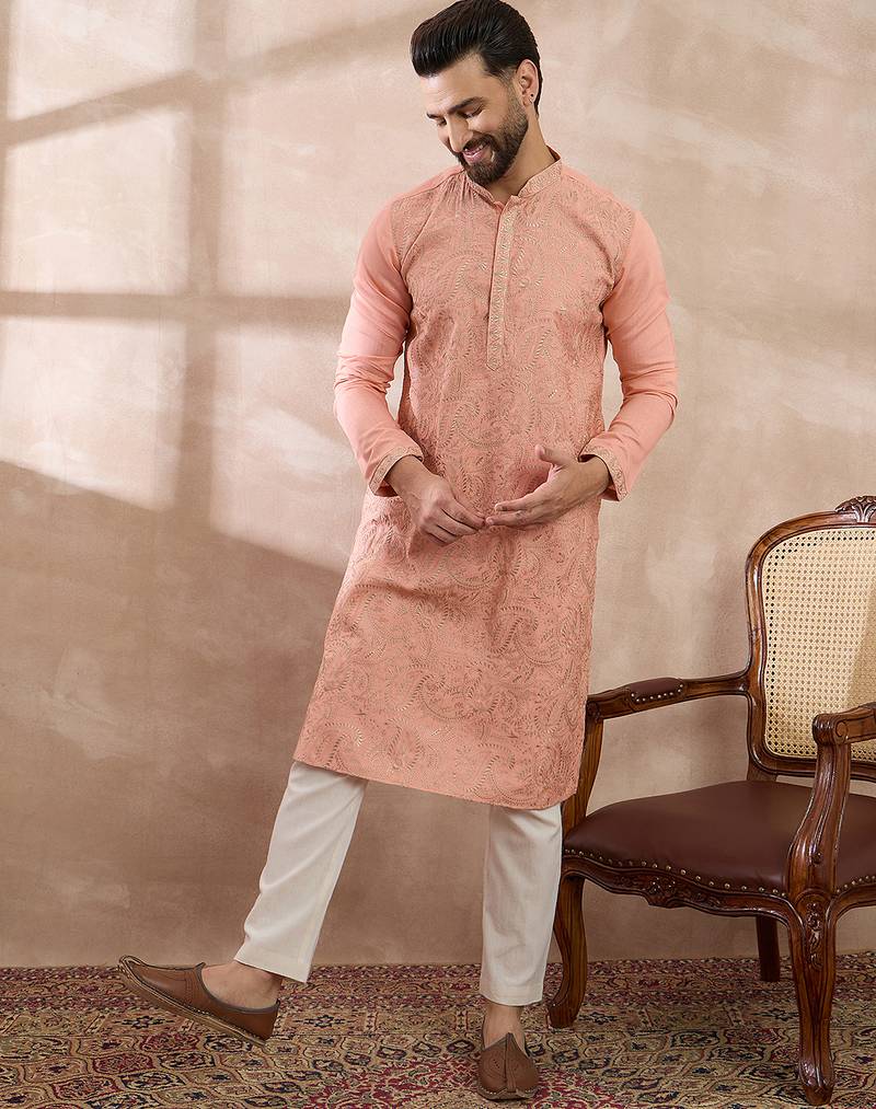 Men peach silk blend embroidered mandarin collar straight kurta with trouser