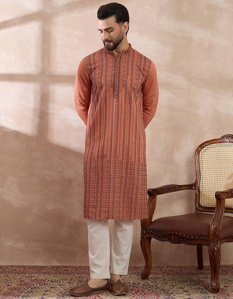 Men orange silk blend embroidered mandarin collar straight kurta with trouser