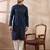 Men navy blue silk blend embroidered mandarin collar straight kurta with trouser