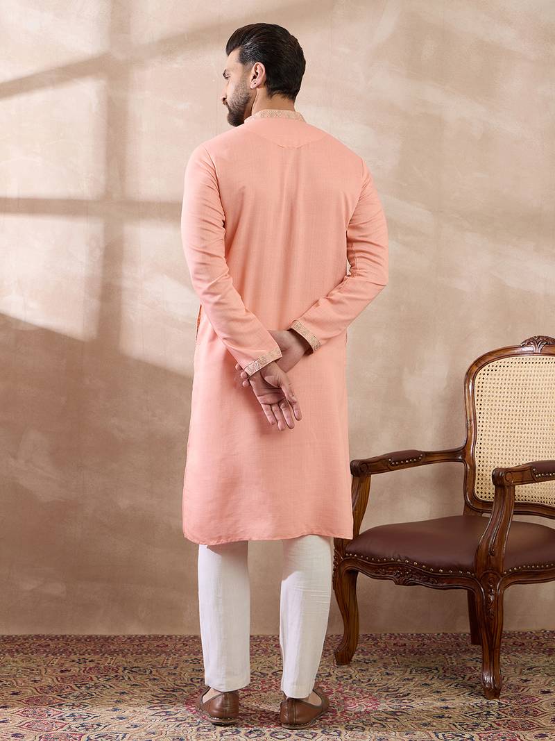 Men peach silk blend embroidered mandarin collar straight kurta with trouser