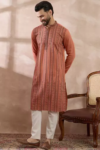 Men orange silk blend embroidered mandarin collar straight kurta with trouser