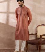 Men orange silk blend embroidered mandarin collar straight kurta with trouser