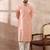Men peach silk blend embroidered mandarin collar straight kurta with trouser