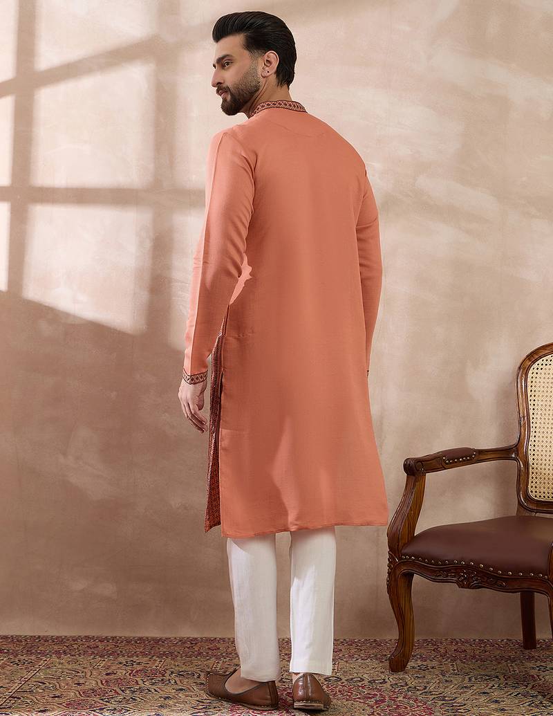 Men orange silk blend embroidered mandarin collar straight kurta with trouser