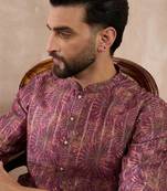 Men purple silk blend printed mandarin collar straight kurta with trouser