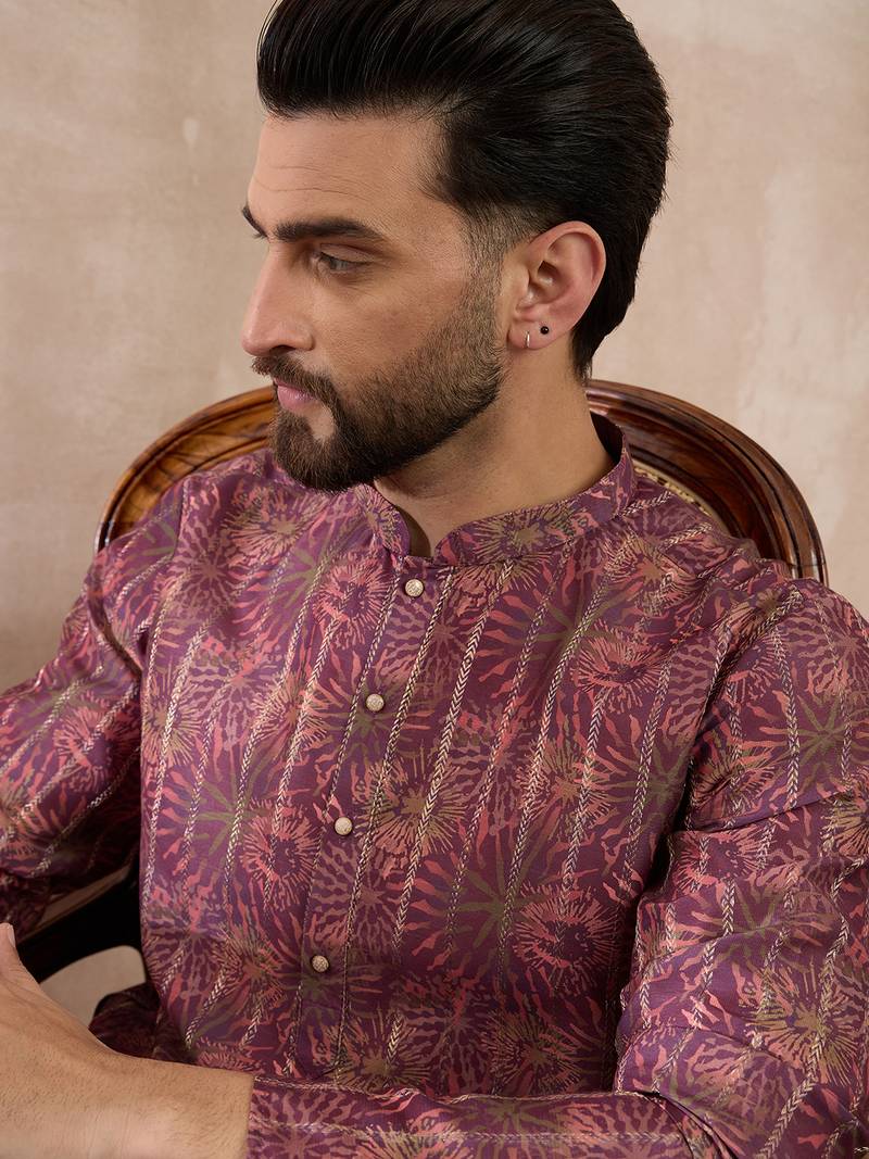 Men purple silk blend printed mandarin collar straight kurta with trouser