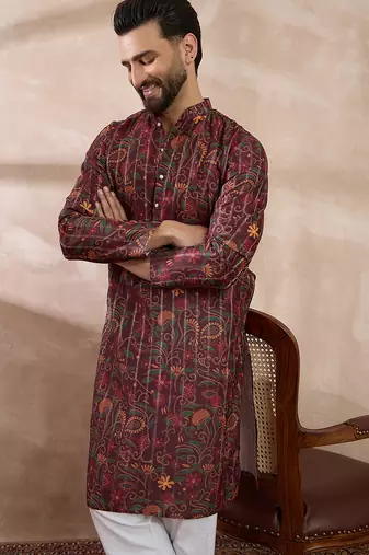 Men maroon silk blend printed mandarin collar straight kurta with trouser
