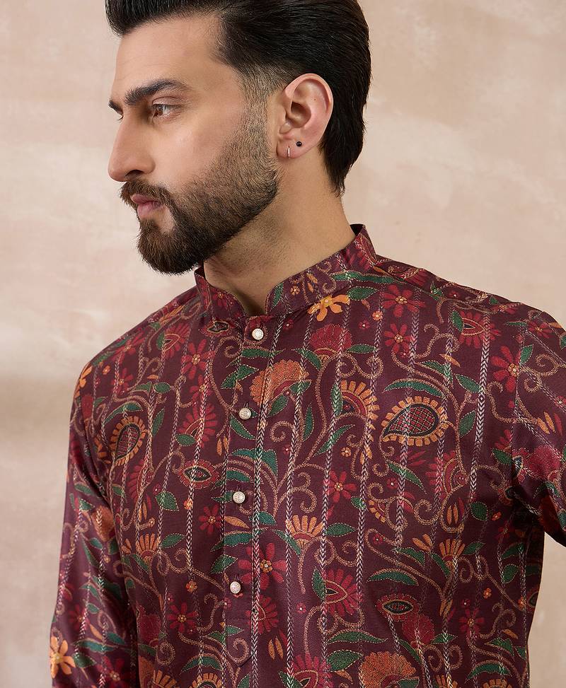 Men maroon silk blend printed mandarin collar straight kurta with trouser