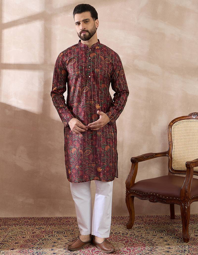 Men maroon silk blend printed mandarin collar straight kurta with trouser