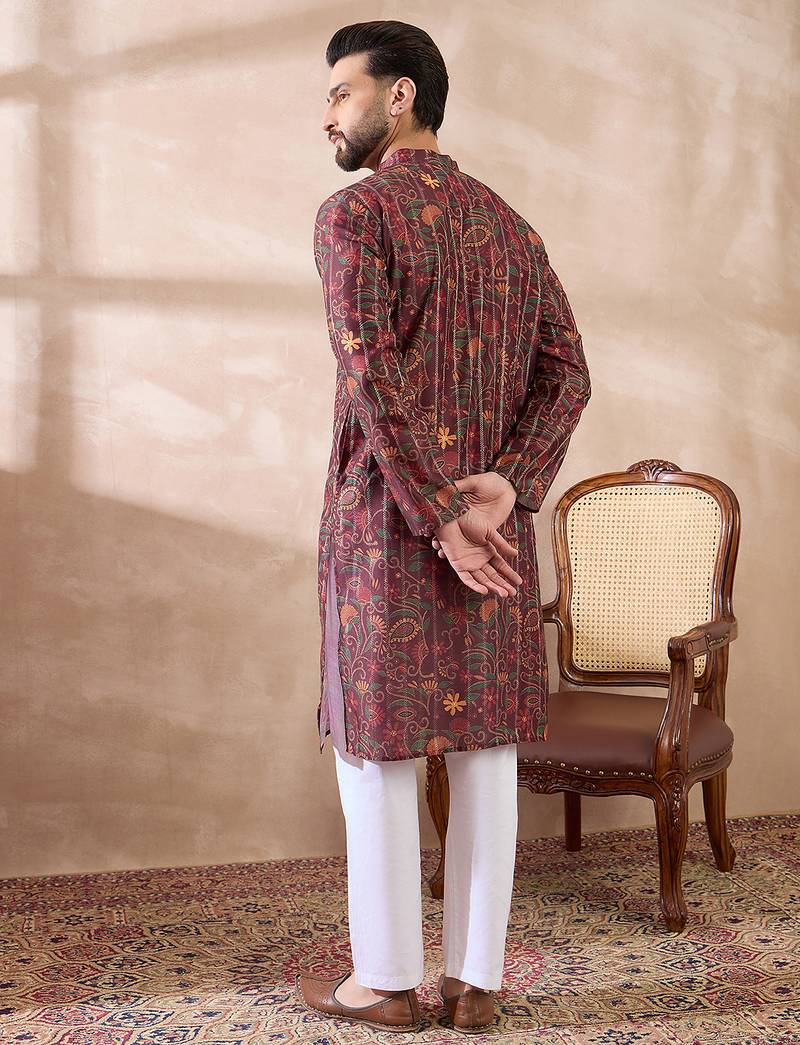 Men maroon silk blend printed mandarin collar straight kurta with trouser