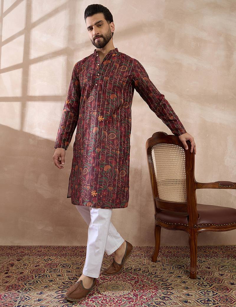 Men maroon silk blend printed mandarin collar straight kurta with trouser