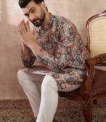 Men multi silk blend printed mandarin collar straight kurta with trouser