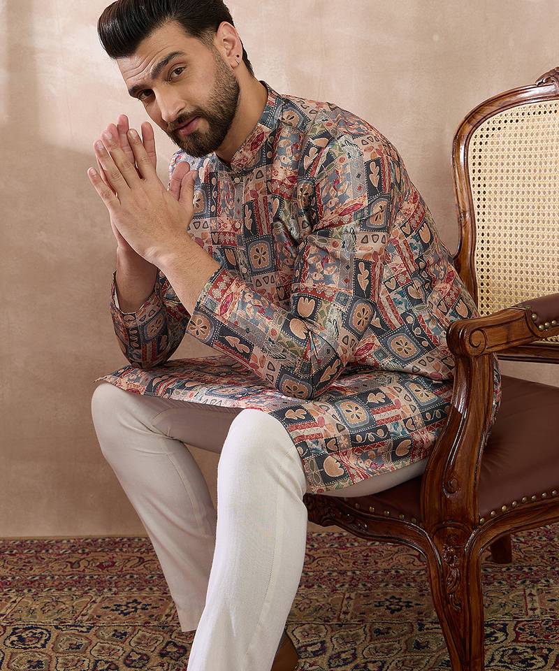 Men multi silk blend printed mandarin collar straight kurta with trouser