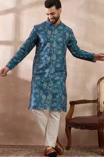Men blue silk blend printed mandarin collar straight kurta with trouser