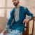 Men blue silk blend embroidered mandarin collar straight kurta with trouser