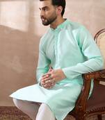 Men teal polyester woven design mandarin collar straight kurta with trouser