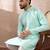 Men teal polyester woven design mandarin collar straight kurta with trouser