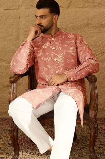 Men peach viscose rayon embroidered mandarin collar straight kurta with trouser