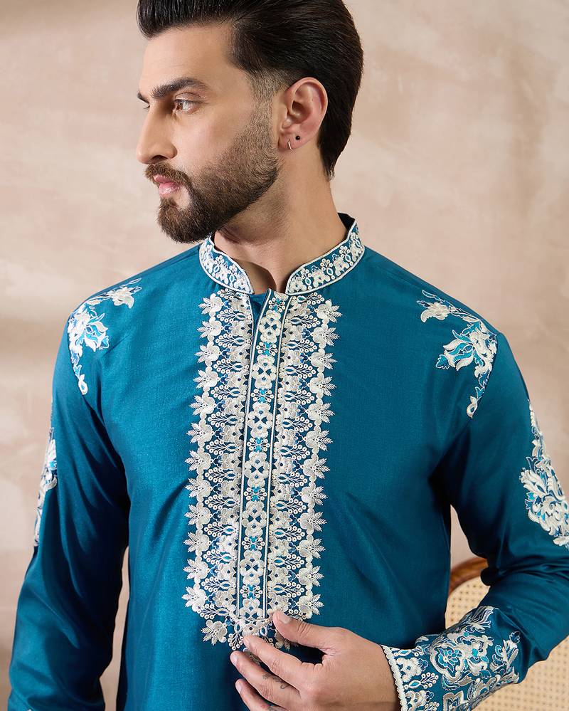 Men blue silk blend embroidered mandarin collar straight kurta with trouser