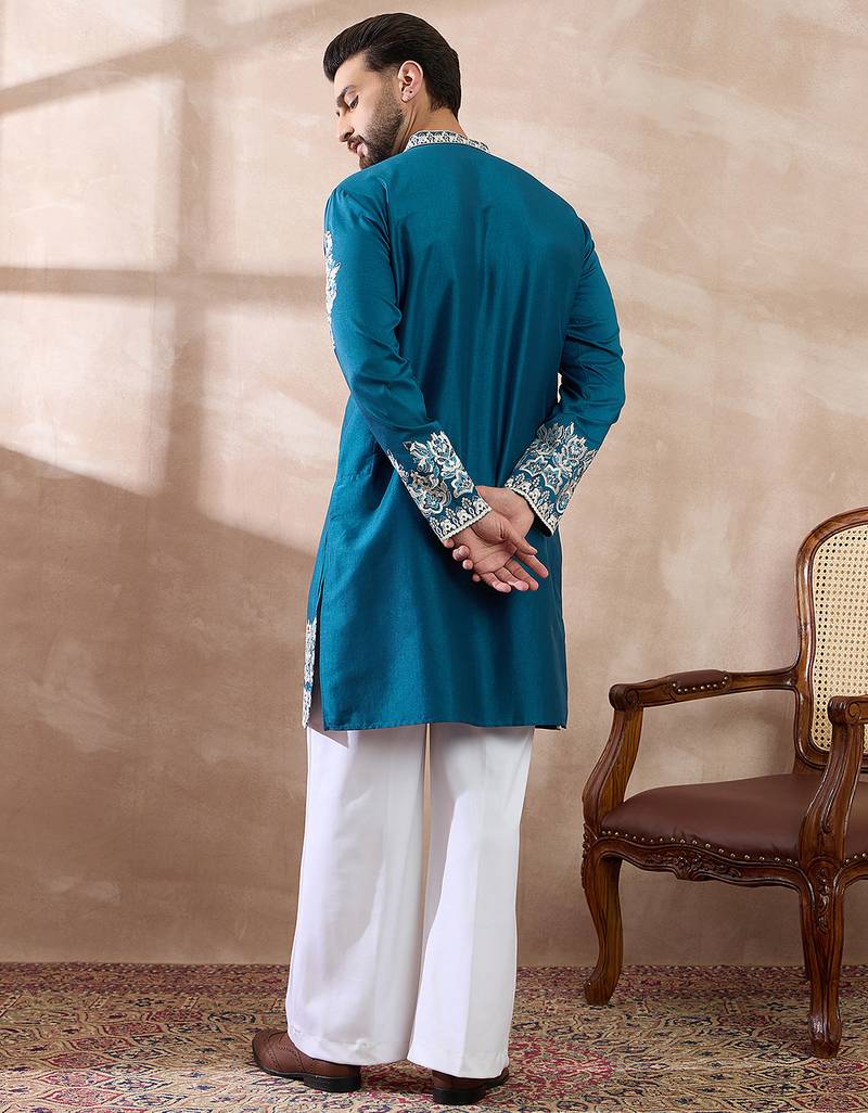 Men blue silk blend embroidered mandarin collar straight kurta with trouser