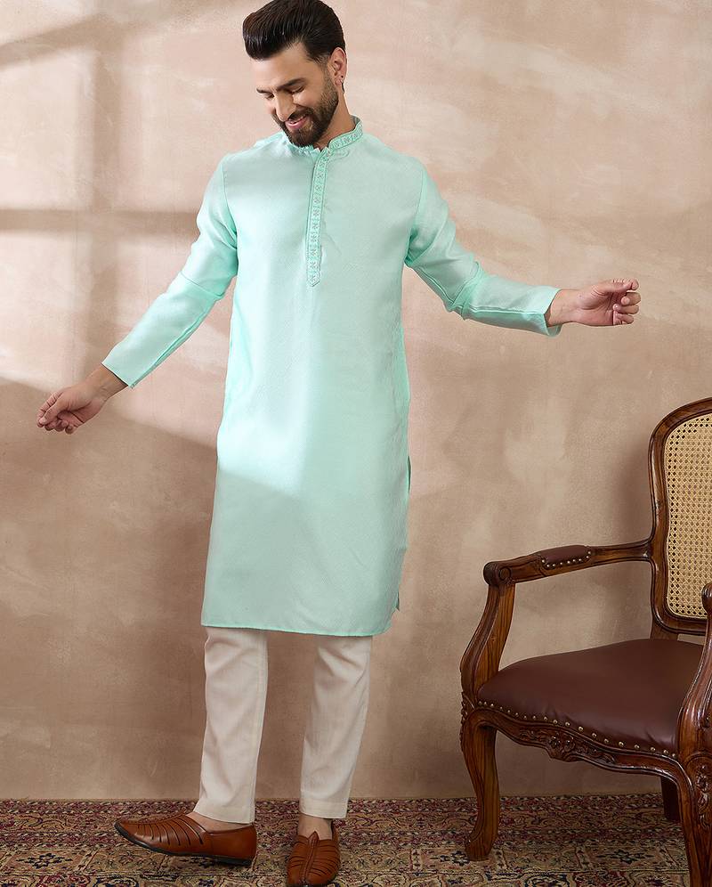 Men teal polyester woven design mandarin collar straight kurta with trouser
