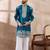 Men blue silk blend embroidered mandarin collar straight kurta with trouser