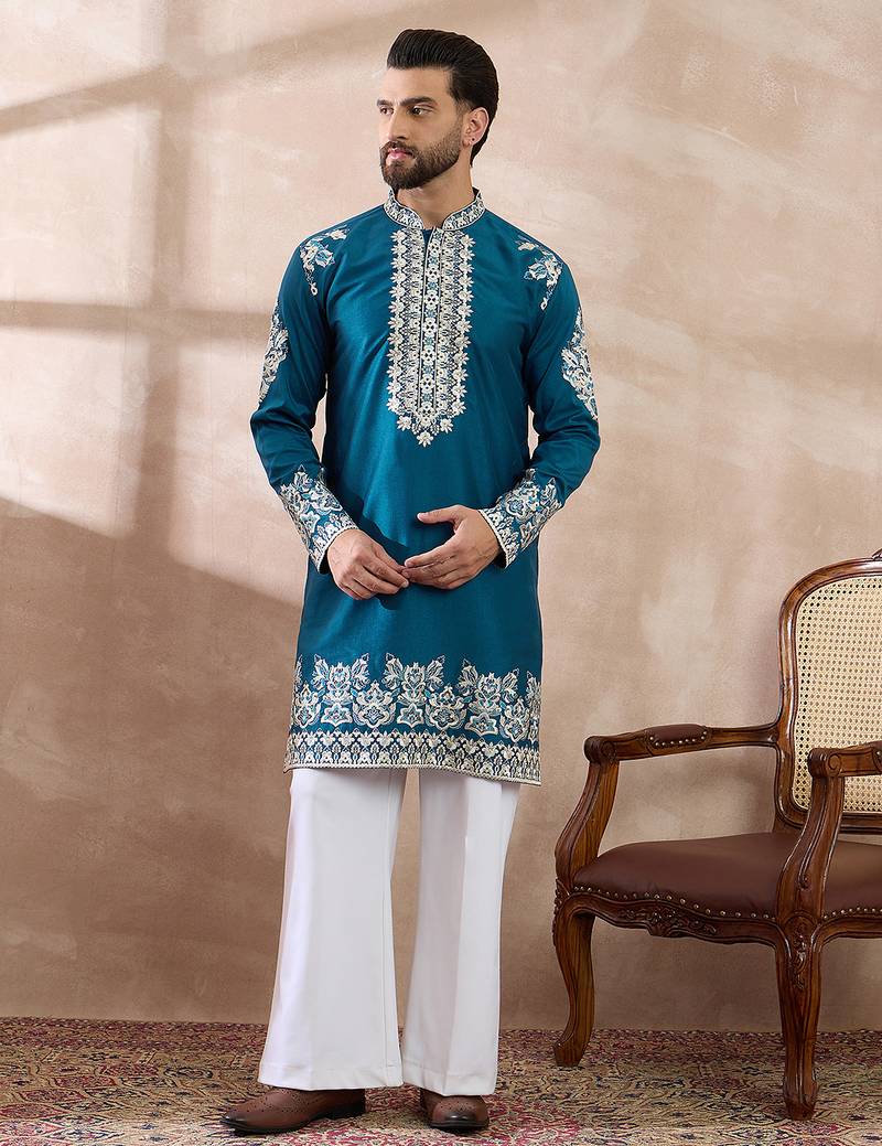 Men blue silk blend embroidered mandarin collar straight kurta with trouser