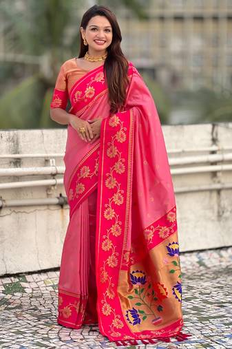Pink soft silk zari weaving saree with contrast blouse piece
